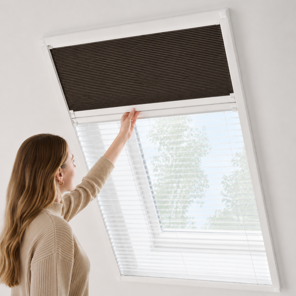Dakgordijn® - Verduisterend Plissé + Hor dakraam gordijn 2in1 op interieur afwerking