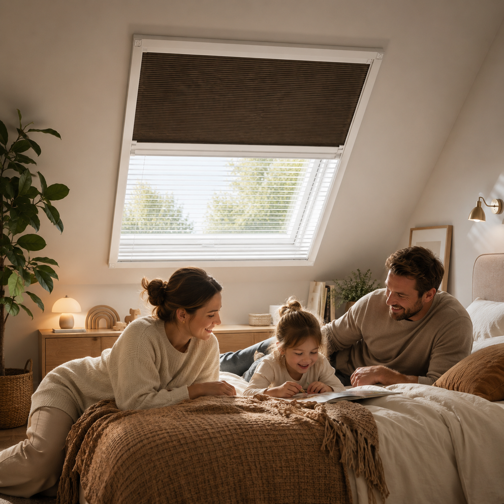 Dakgordijn® - Verduisterend Plissé + Hor dakraam gordijn 2in1 op interieur afwerking